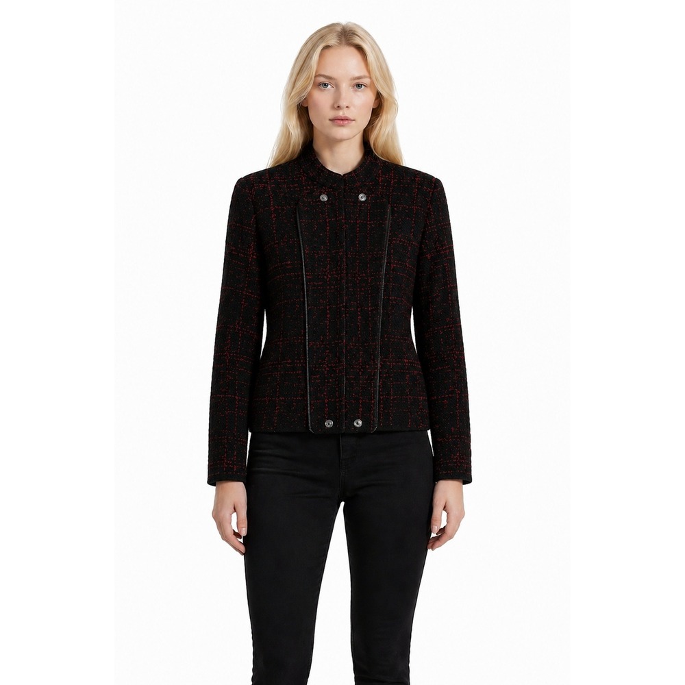 Ming Wang Knit Jacket Womens Size Petite Large PL Black Red Plaid Mock Neck Zip